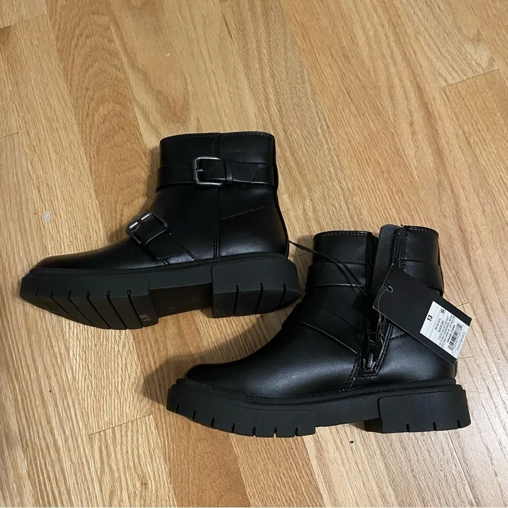 Cat & Jack Black Double Buckle Chunky Moto Boots NEW Sz 13 Kids Girls Zip Up